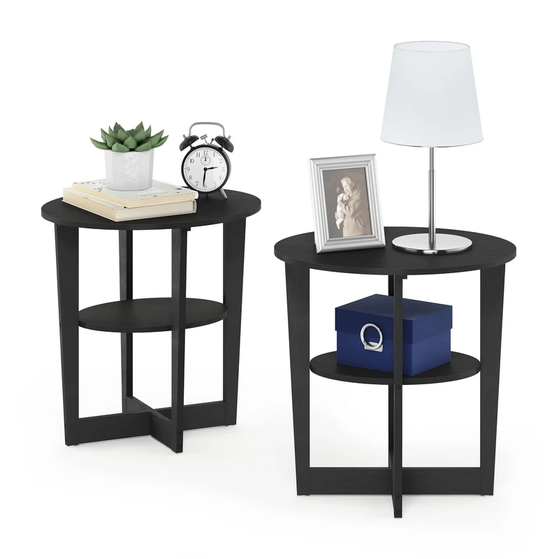 Furinno JAYA Side Table Set of 2, 2-Tier Round End Table with Oval Tabletop, Night Stand, Bedside Table with Open Shelf, for Living Room, Bedroom, Walnut