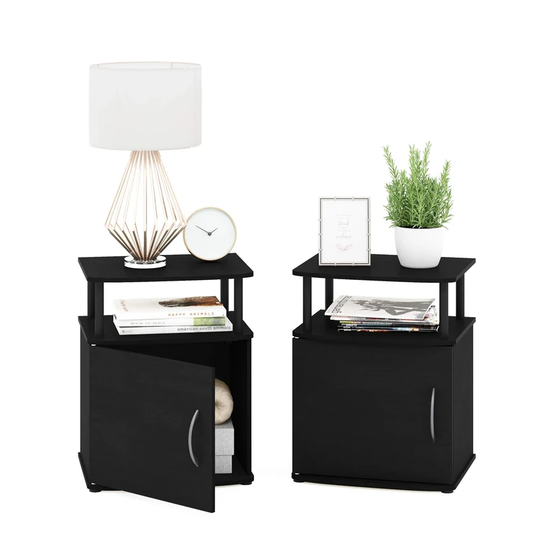 Furinno JAYA Side Table Set of 2, 2-Tier Open Shelf End Table with Door Cabinet, Soft-edges Night Stand, Bedside Table, for Living Room, Bedroom, Black