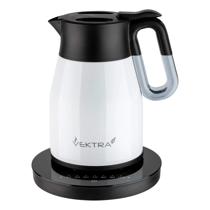 Vektra VEK-1504W Vacuum Insulated Easy Pour Cordless Kettle with Temperature Selection Indicator Gauge, 1.5 Litre, White/Black