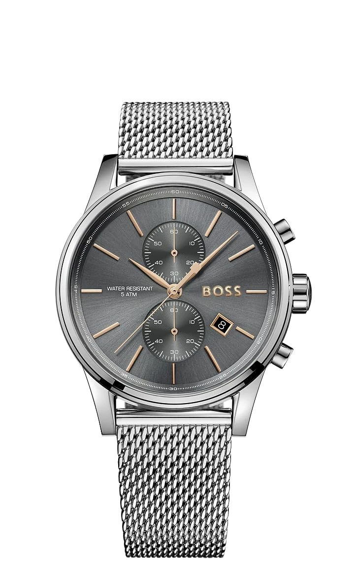 BOSS Chronograph Quartz Watch for Men with Silver Stainless Steel Mesh Bracelet - 1513440, Steel/Grey