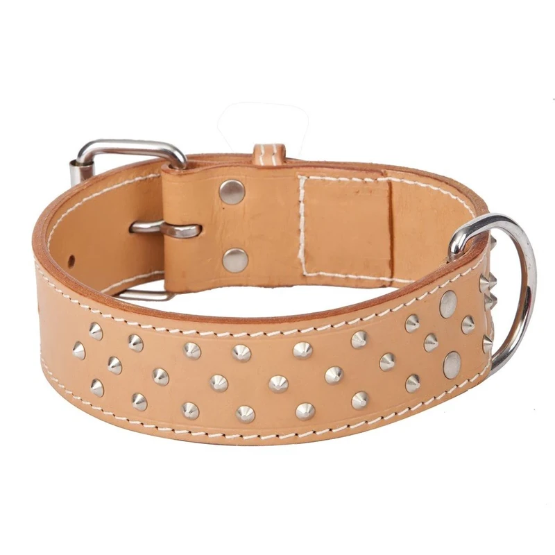 Dingo Predatory Dog Collar from Double Stapled Leather, Lined, Elegant Decorated with Studs, Natural 12070