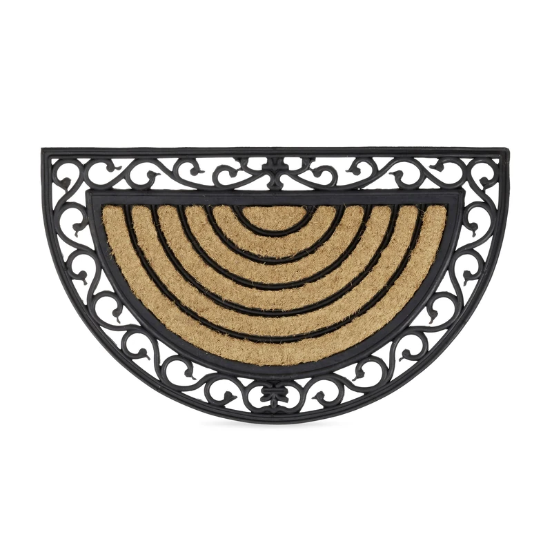 Relaxdays Coir Doormat Semi-Circle Rubber Floor Mat with Stripes and Floral Pattern, Weather-Proof Welcome Mat Anti-Slip for all Floor Types with Cast Iron-Look, Brown / Black