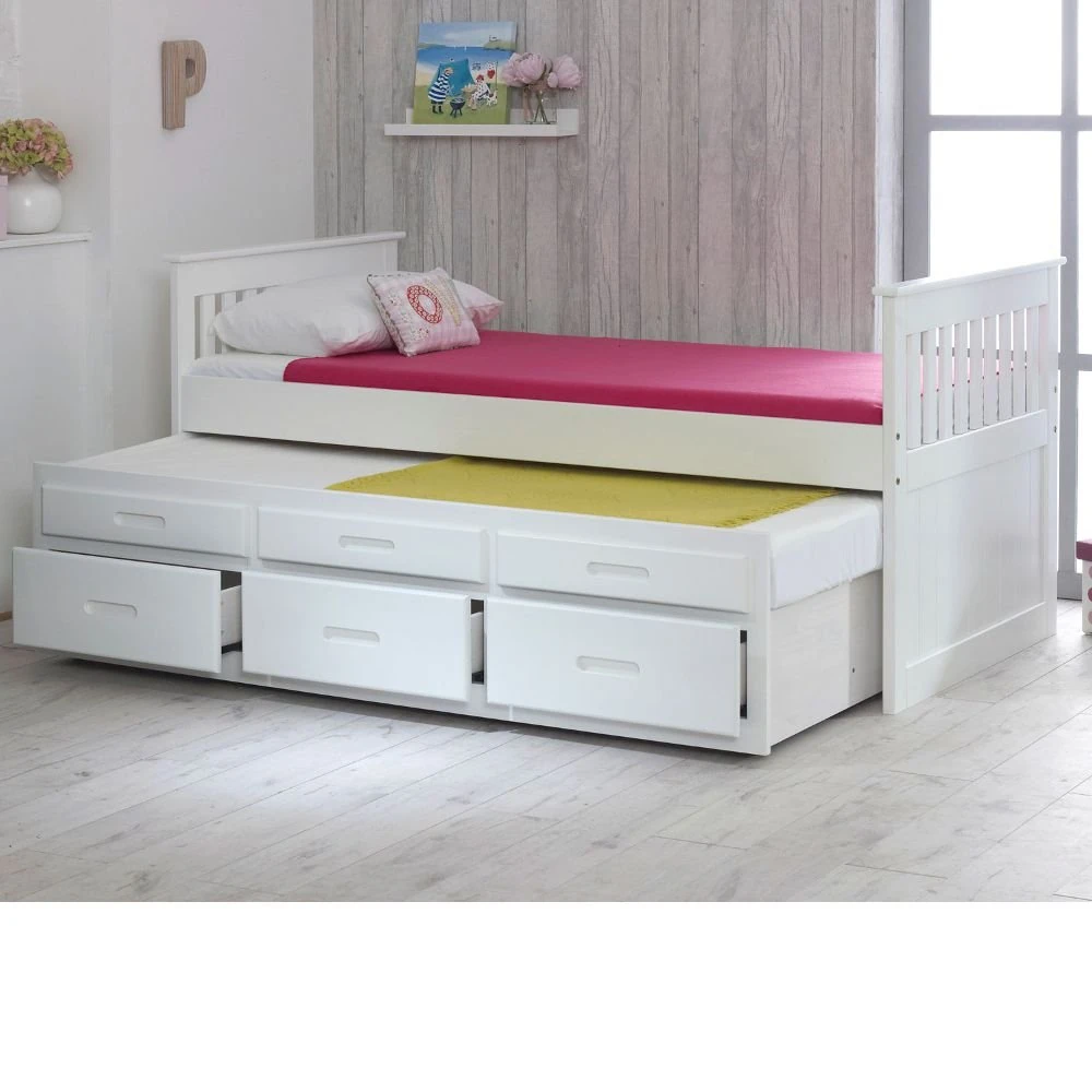Happy Beds Captains Wooden White Pine Guest Bed Drawers Furniture with 2x Pocket Flexi Mattresses 3' Single 90 x 190 cm