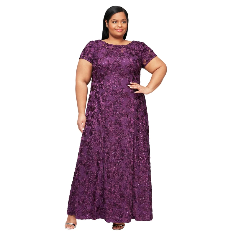 Alex Evenings Women's Plus Long Rosette Mother of The Bride Dress with Short Sleeves, Formal Gown, Wedding Guest, Eggplant, 22