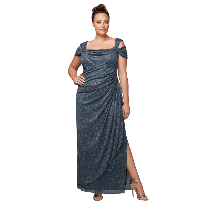 Alex Evenings Women's Plus Size Long Cold Shoulder Dress, Smoke, 14W
