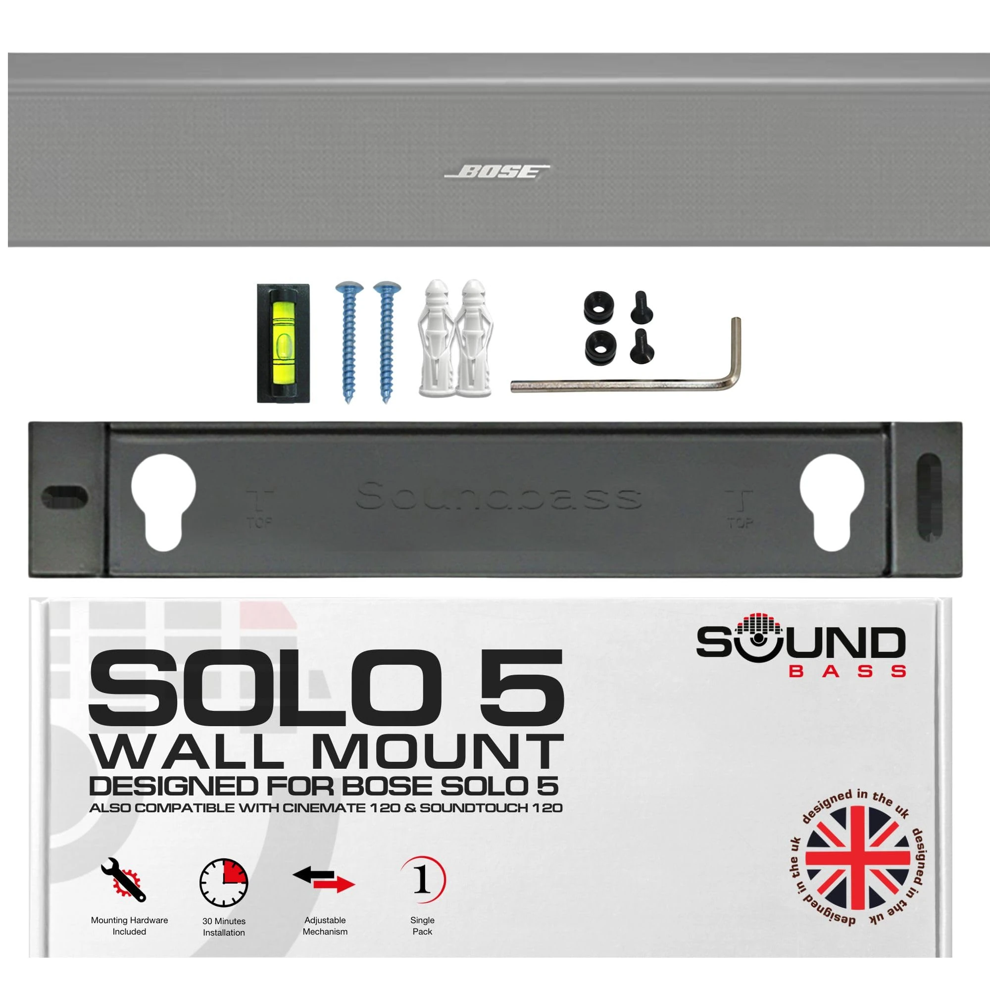 Solo 5 Wall Mount Bracket for Bose Solo 5 Sound Bar, Complete Kit with All Mounting Hardware, Compatible with Series II Soundbar, Designed in The UK by Soundbass