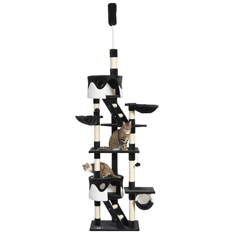 PawHut Floor to Ceiling Cat Tree, 240-260cm Adjustable Height Cat Tower with Scratching Posts, Cat Houses, Ramps, Hammocks, Toy Balls, Tunnel for Indoor Cats - Black