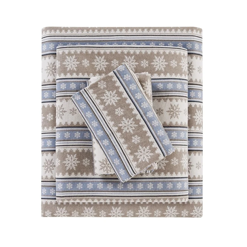 WOOLRICH Flannel 100% Cotton Sheet Set Warm Soft Bed Sheets with 14" Deep Pocket Cabin Lifestyle, Cold Season Cozy Bedding Set, Matching Pillow Case, Queen, Blue Snowflake, 4 Piece