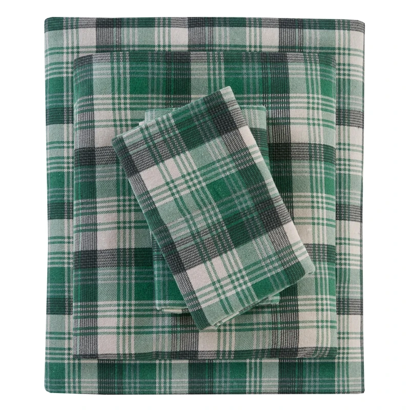 WOOLRICH Cotton Sheet Set Cottage Charms Print, 100% Cotton Flannel Sheets Warm & Fuzzy Bedding Set Queen Size Sheets, Fitted Pocket Fits Up to 14" Mattress, Queen Green Plaid, 4 Piece