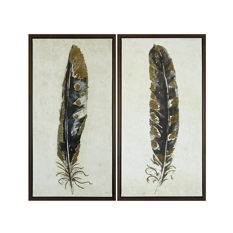 URBAN HABITAT, Gilded Feathers 2 Piece Set Wall Art Gold Foil Canvas, Modern Contemporary Global Inspired Painting Living Room Accent Décor, Black/Gold, 16.75 x 31.75, Yellow, UH95C-0002
