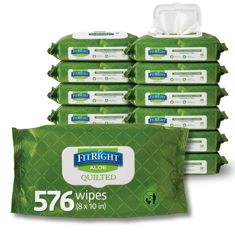FitRight Aloe Quilted Heavyweight Personal Cleansing Cloth Wipes, Unscented, 576 Count, 8 x 12 inch Adult Large Incontinence Wipes