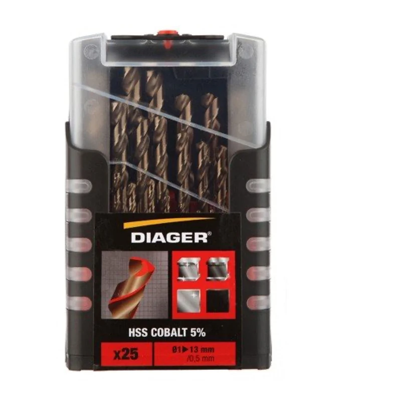 Diager HSS Drill Bits 5% Cobalt Set of 25 Drill Bits Improved Resistance and Life Diameter 1 mm to 13 mm / 0.5 mm