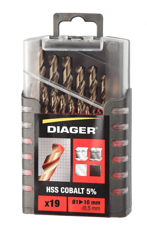 DIAGER - HSS 5% Cobalt Drill Bits - Set of 19 Drill Bits - Improved Strength and Life - Diameter 1 to 10 mm / 0.5 mm