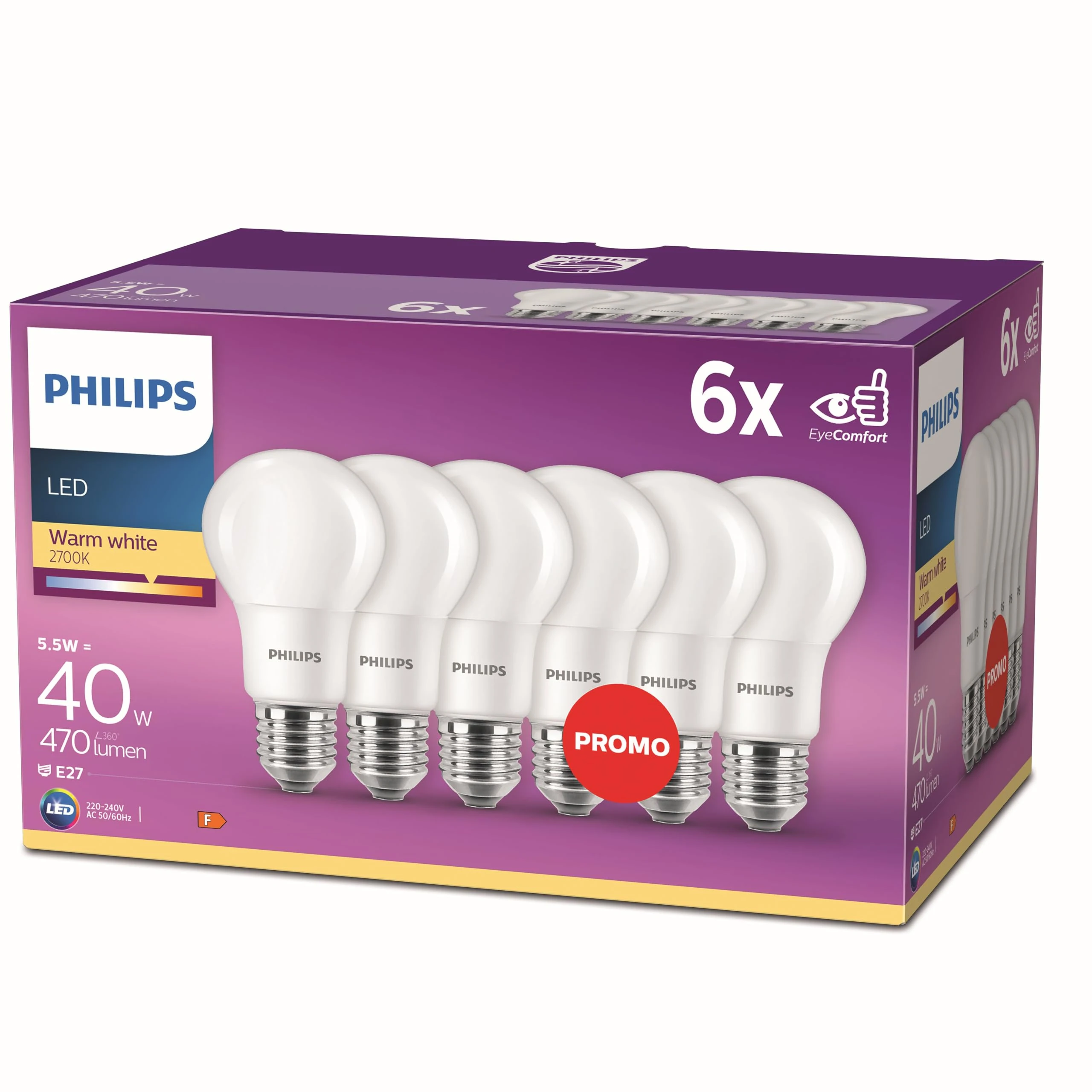 Philips LED E27 Frosted Light Bulbs, 5.5 W (40 W) - Warm White, Pack of 6