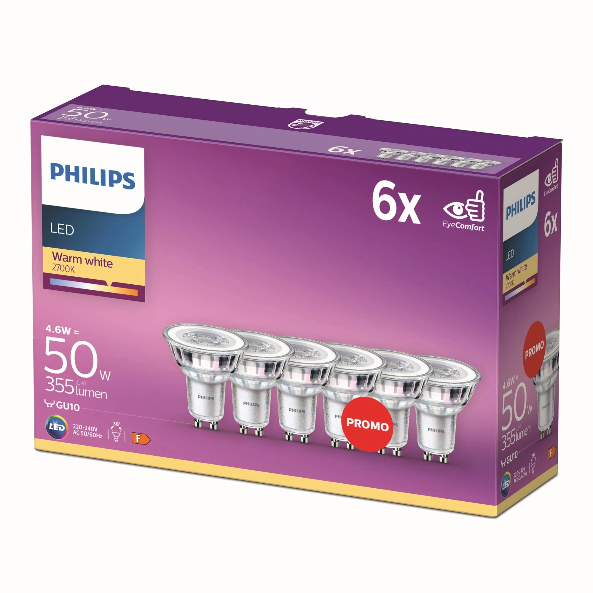 Philips LED Classic Light Bulb 6 Pack [GU10 Spot] 4.6 W - 50 W Equivalent, Warm White (2700K), Non Dimmable, Standard Range