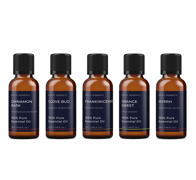 Mystic Moments | Christmas Essential Oil Gift Starter Pack 5x50ml | 5 Pure Aromatherapy Oils – Cinnamon Bark, Clove Bud, Frankincense, Myrrh & Orange Sweet | Festive Home Ambience