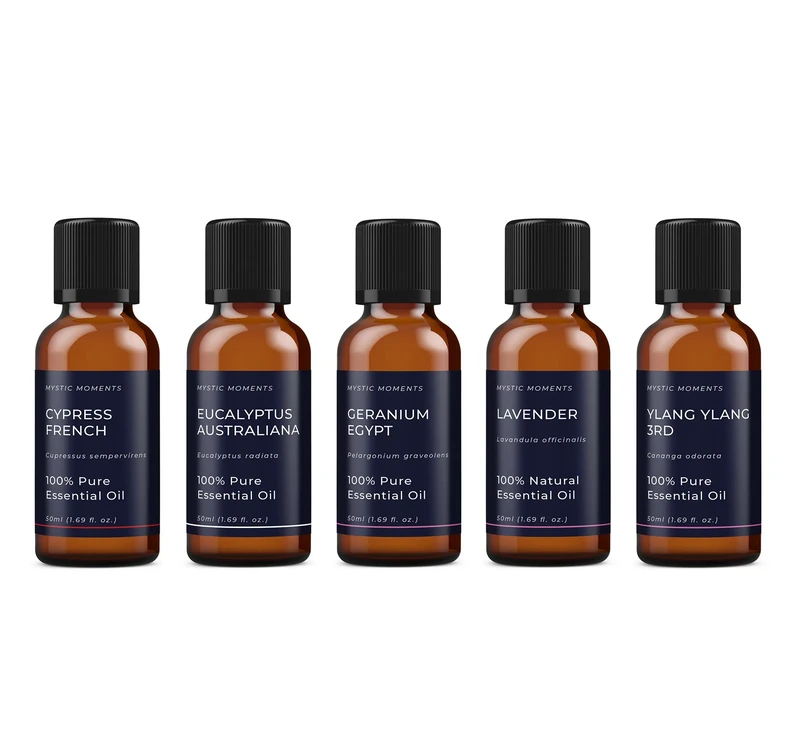 Mystic Moments | Yin Essential Oils Gift Starter Pack | 5 x 50ml 100% Pure Aromatherapy Oils | Eucalyptus Australiana, Geranium Egypt, Lavender, Cypress French & Ylang Ylang 3rd