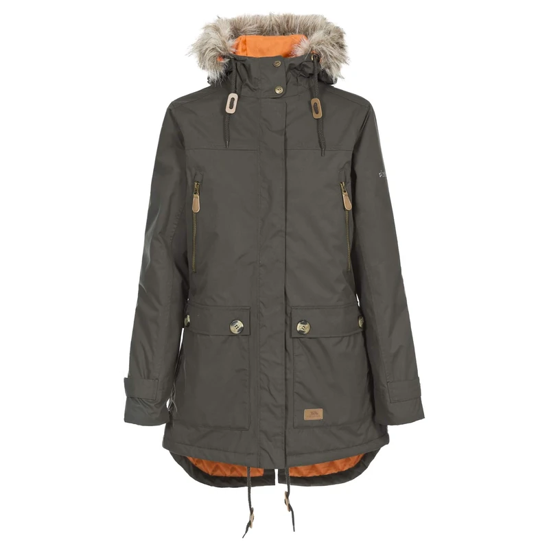 Trespass Womens Parka Jacket Clea - Waterproof, Lightly Padded, Removable Hood Fur Trim, 2 Patch Pockets with Flaps, 2 Zip Pockets, Longer Length, Adjustable Hood