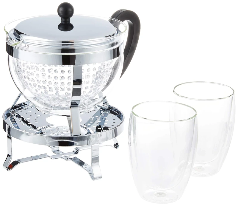 Bodum Chambord Set with Rechaud 1.5 L and 2 Pack of Double Wall Glasses Pavina 0.35 L Tea Maker, multi-layered, Black, 16.8 x 23.1 x 22.3 cm, K11143-16-1