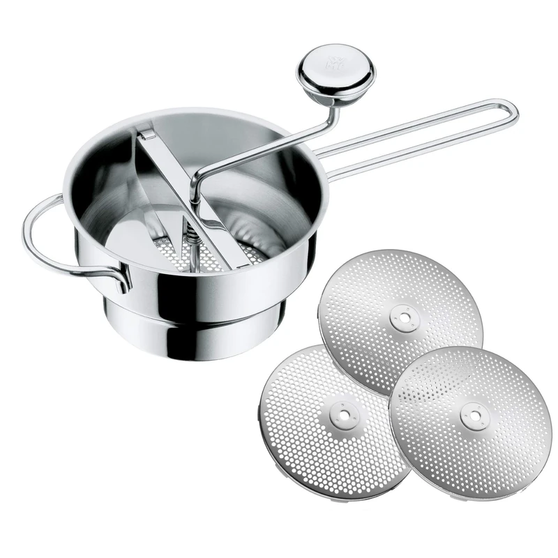 WMF Gourmet Food Mill with 3 Perforated Discs, 19 x 11.5 cm, Flotte Lotte, Cromargan Polished Stainless Steel, Food Strainer for Fruit and Vegetables, Can be Dismantled