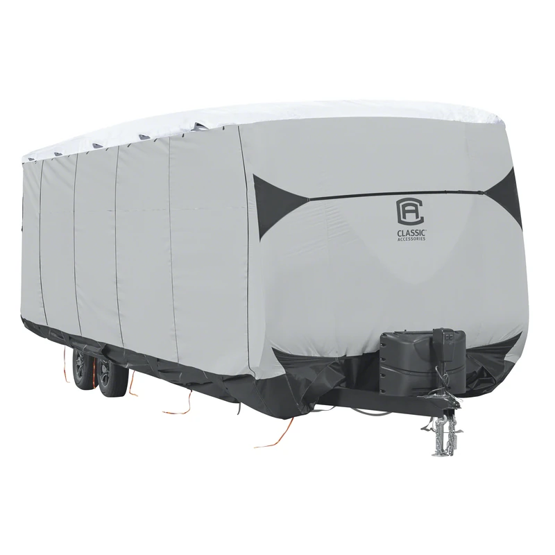Classic Accessories Over Drive SkyShield™ Deluxe Water-Repellent Travel Trailer Cover, Fits 20' - 22'L x 118"H, Model 2, Camper RV Cover, All Season Protection for Motorhome, Black/Grey/White