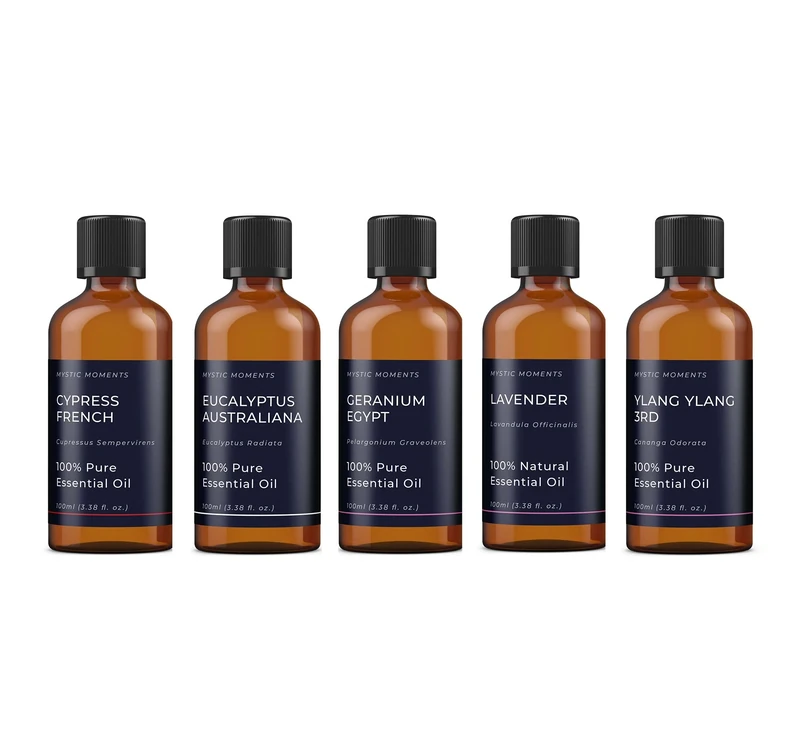 Mystic Moments | Yin Essential Oils Gift Starter Pack | 5 x 100ml 100% Pure Aromatherapy Oils | Eucalyptus Australiana, Geranium Egypt, Lavender, Cypress French & Ylang Ylang 3rd
