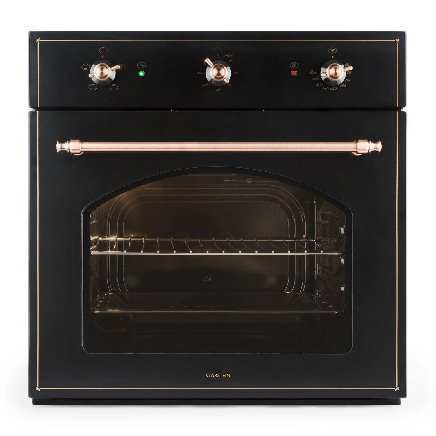 Klarstein Vilhelmine Oven - 55 Litres, Energy Efficiency Class A, Knob and Door Handle Copper Look, 3 Modes, 19th Century Look, 4 Slots for Grill/Baking Tray, Black