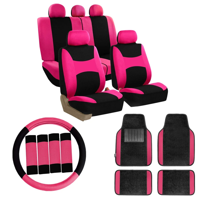 FH GROUP Car Seat Covers Combo Full Set with Carpet Floor Mats Steering Wheel Cover and Seat Belt Pads- Universal Fit for Cars Trucks and SUVs Pink