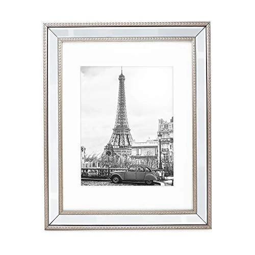 Isaac Jacobs 11x14 (8x10 Mat) Champagne Mirror Bead Picture Frame - Classic Mirrored Frame with Dotted Border Made for Wall Display, Photo Gallery and Wall Art (11x14 (8x10 Mat), Champagne)
