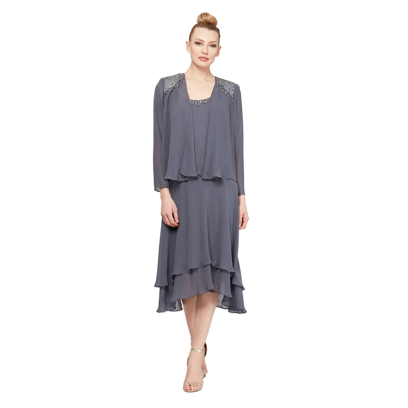 S.L. Fashions Women's Two-Piece Dress with Long-Sleeve Embellished Jacket Special Occasion, Steel, 22