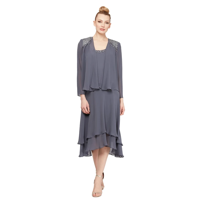 S.L. Fashions Women's Embellished Chiffon Tiered Jacket Dress Special Occasion, Steel, 20