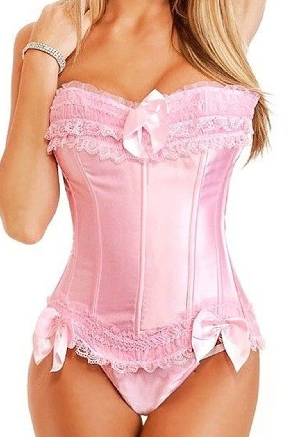 Kelvry Basque Satin Lace up Back Bustier Corset Top Size S-6XL