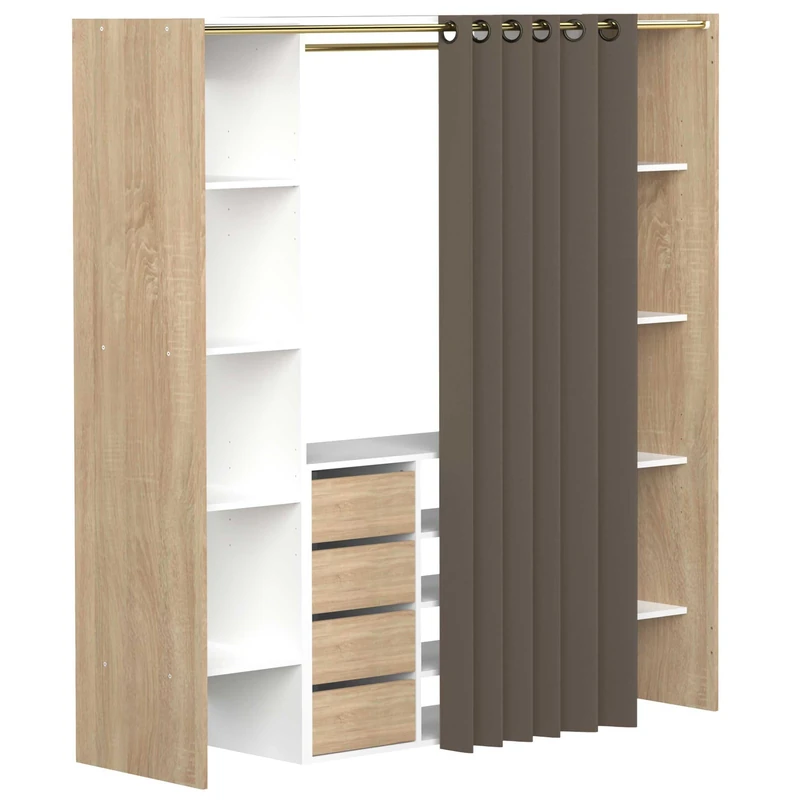 Symbiosis Storage Cabinet, Wood, Oak and White Body/Taupe Grey Curtain, 112/185, 3 x 50 x 182 cm (WxDxH)