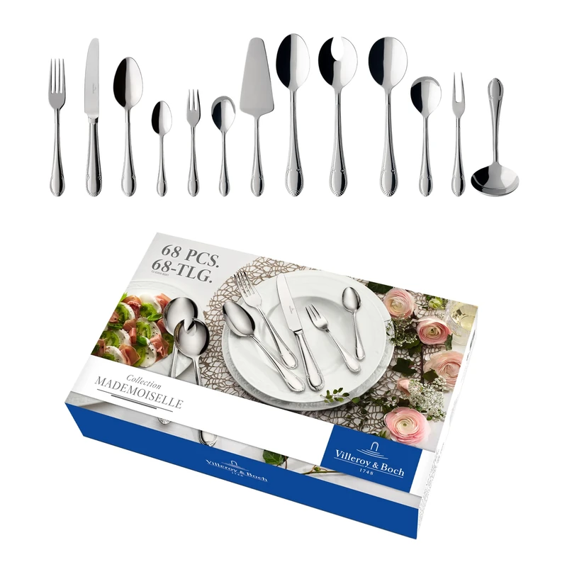 Villeroy & Boch – Mademoiselle Cutlery Set 68 Pieces for 12 People, Dishwasher Safe, Rustproof, Knife, Fork, Spoon, Luxury Cutlery Set, Dinner, 18/10 Stainless Steel