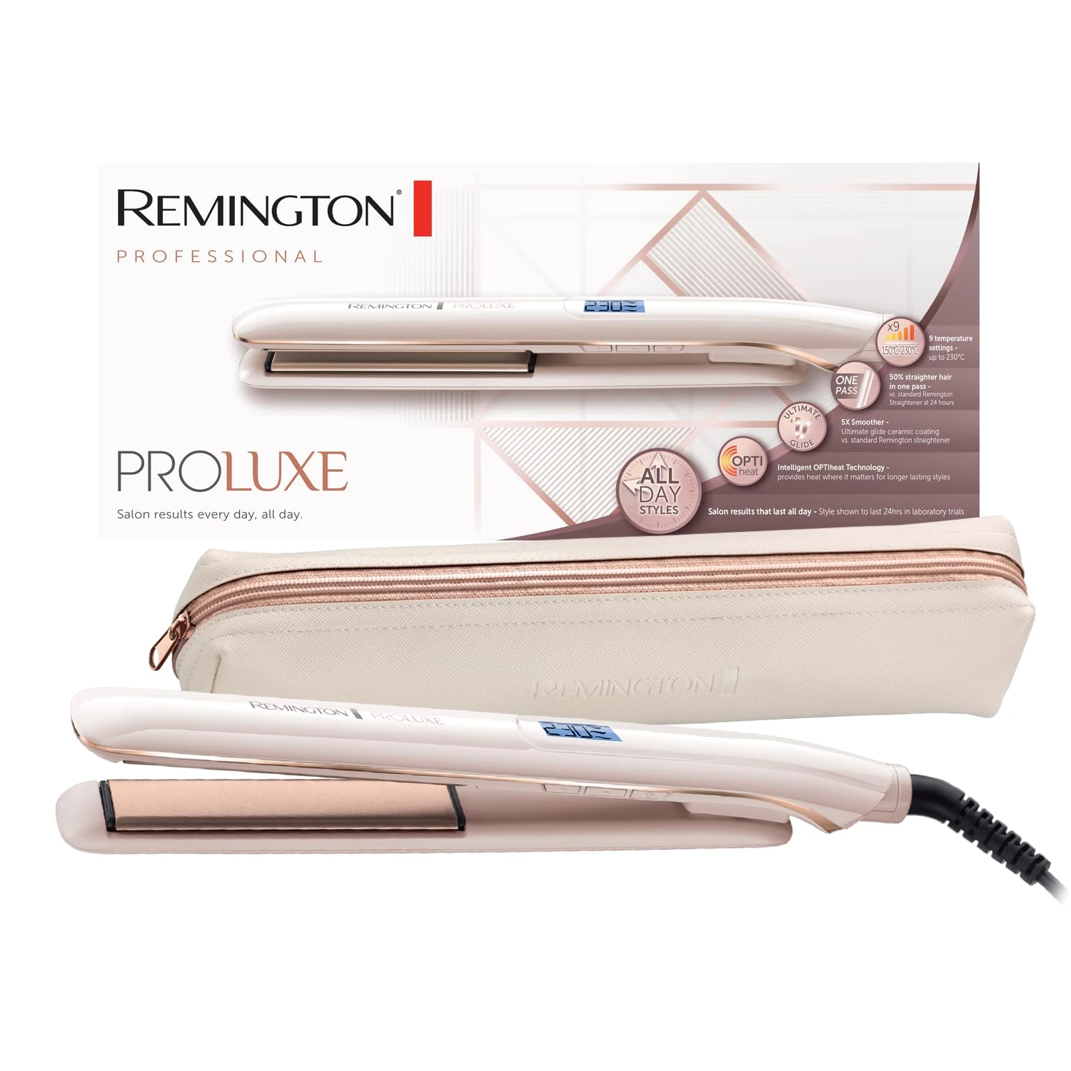 Remington ProLuxe Hair Straightener (1-Pass Straightening, Ceramic, Lightweight, Easy Gliding, LCD Screen, 9 temperature settings from 150 to 230°C, pouch) S9100 Hair Straightener