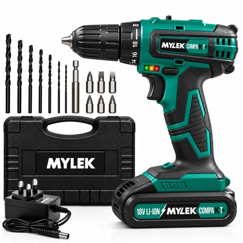 MYLEK MY18BCM1 18V Cordless Drill Driver, 28Nm, 1.5Ah Battery & Case (18V Blue 2 Speed)