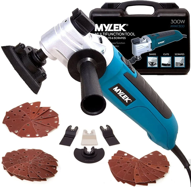 MYLEK Oscillating Multi Tool 300W Oscillating Electric Corded Multi Tools 6 Speed, Quick Change, Detail Sander, Multitool Cuts Metal, Plastic, Wood, 48 Piece Accessory Kit - Carry Case