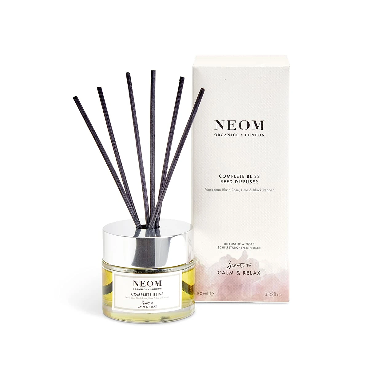 NEOM- Complete Bliss Reed Diffuser, 100ml | Blush Rose, Lime & Black Pepper | Essential Oil Reed Diffuser| Scent to De-Stress