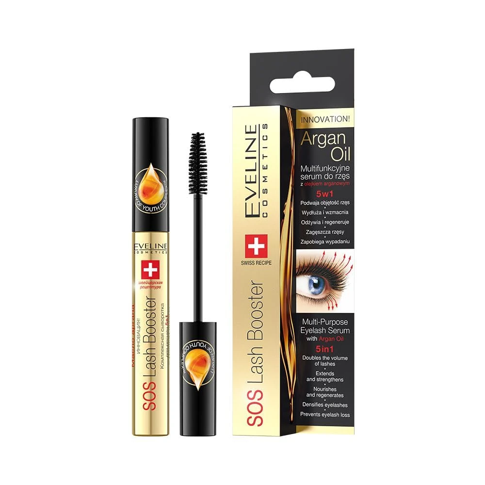 Eveline Cosmetics Sos Lash Booster 5-in-1 Lash Serum with Argan Oil - SOS LASH BOOSTER for Nourishing, Thickening & Repairing Eyelashes