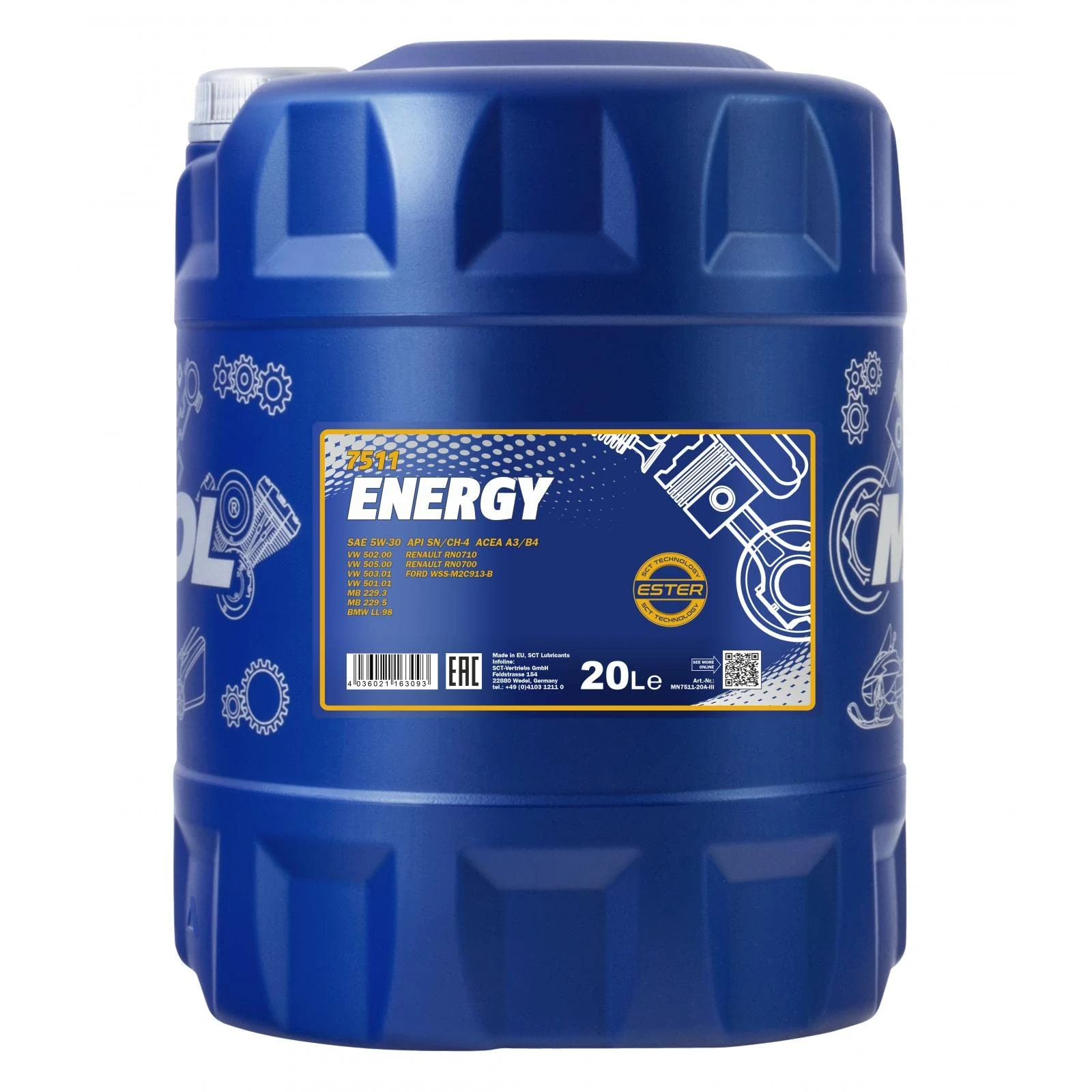 Mannol 20 Litre Energy 5W-30 Engine Oil 7511 API SN/CH-4 ACEA A3/B4 Universal Synthetic Ester Technology