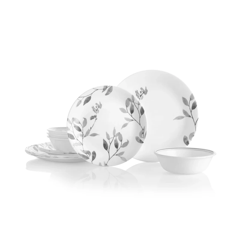 Corelle 1126026 12-Piece Vitrelle Misty Leaves Chip and Break Resistant Dinner Set, Grey 29.5 x 14.5 x 29 cm