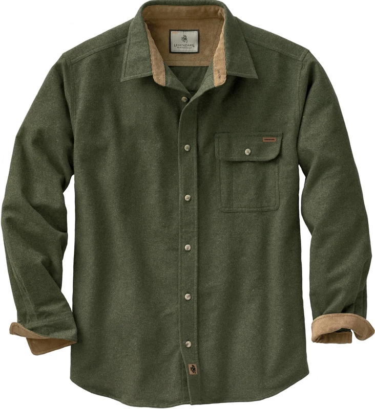 Legendary Whitetails Men's Buck Camp Flannel, Long Sleeve Plaid Button Down Casual Shirt, Corduroy Cuffs, Army, XXL