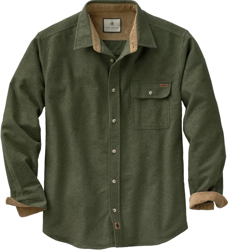 Legendary Whitetails Men's Buck Camp Flannel, Long Sleeve Plaid Button Down Casual Shirt, Corduroy Cuffs, Army, S