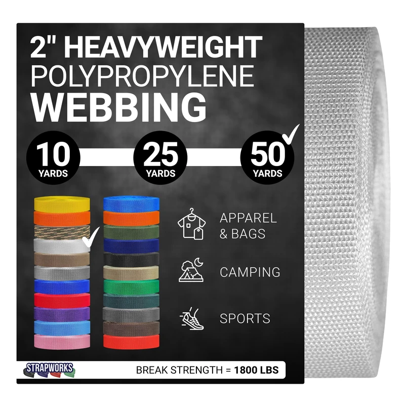 Strapworks Heavyweight Polypropylene Webbing - Heavy Duty Poly Strapping for Outdoor DIY Gear Repair, 2 Inch x 50 Yards - White
