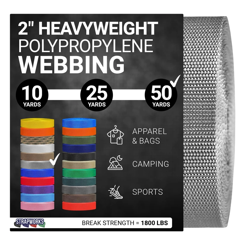 Strapworks Heavyweight Polypropylene Webbing - Heavy Duty Poly Strapping for Outdoor DIY Gear Repair, 2 Inch x 50 Yards - Silver Gray