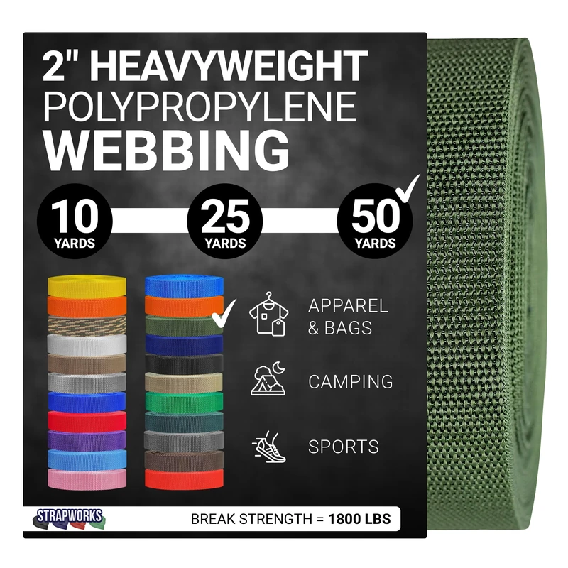 Strapworks Heavyweight Polypropylene Webbing - Heavy Duty Poly Strapping for Outdoor DIY Gear Repair, 2 Inch x 50 Yards - Olive Drab