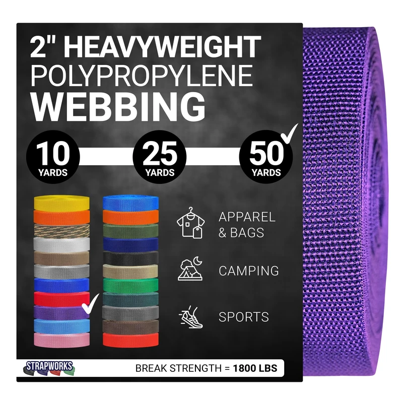 Strapworks Heavyweight Polypropylene Webbing - Heavy Duty Poly Strapping for Outdoor DIY Gear Repair, 2 Inch x 50 Yards - Purple