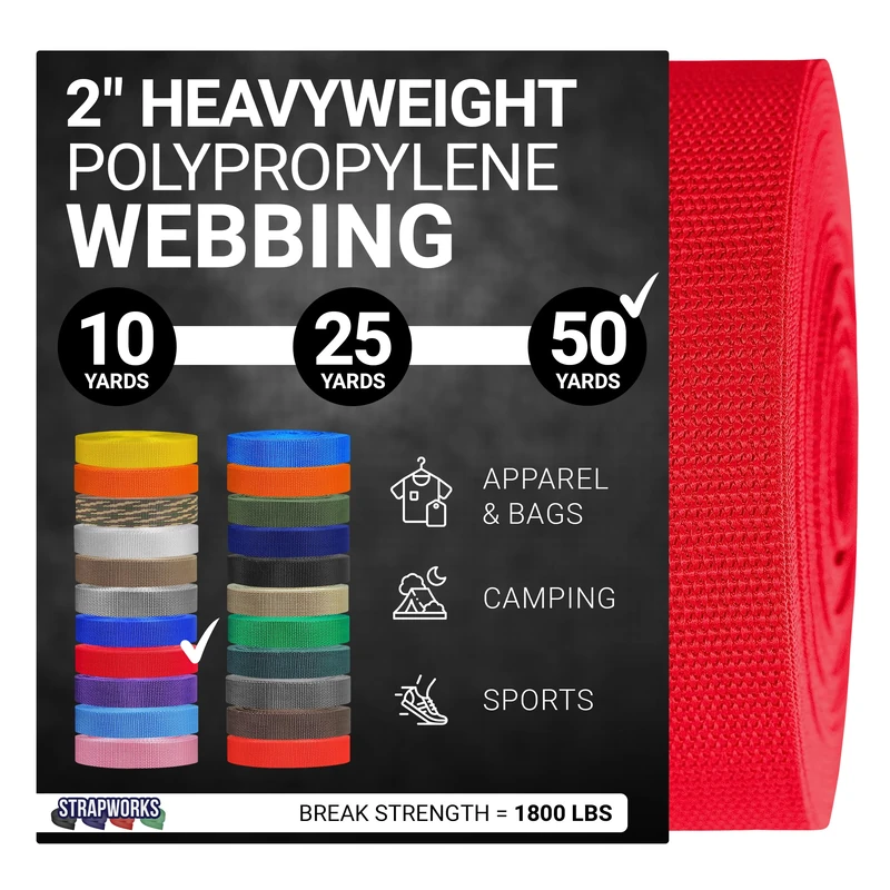 Strapworks Heavyweight Polypropylene Webbing - Heavy Duty Poly Strapping for Outdoor DIY Gear Repair, 2 Inch x 50 Yards - Red