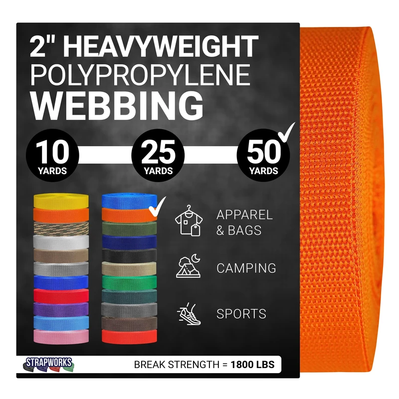 Strapworks Heavyweight Polypropylene Webbing - Heavy Duty Poly Strapping for Outdoor DIY Gear Repair, 2 Inch x 50 Yards - Orange
