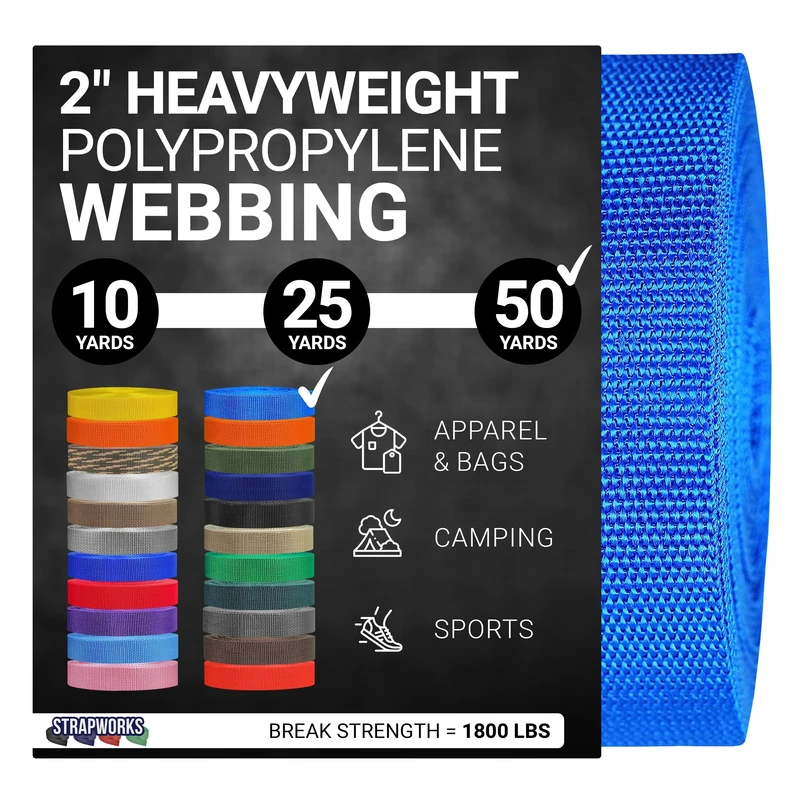 Strapworks Heavyweight Polypropylene Webbing - Heavy Duty Poly Strapping for Outdoor DIY Gear Repair, 2 Inch x 50 Yards - Pacific Blue